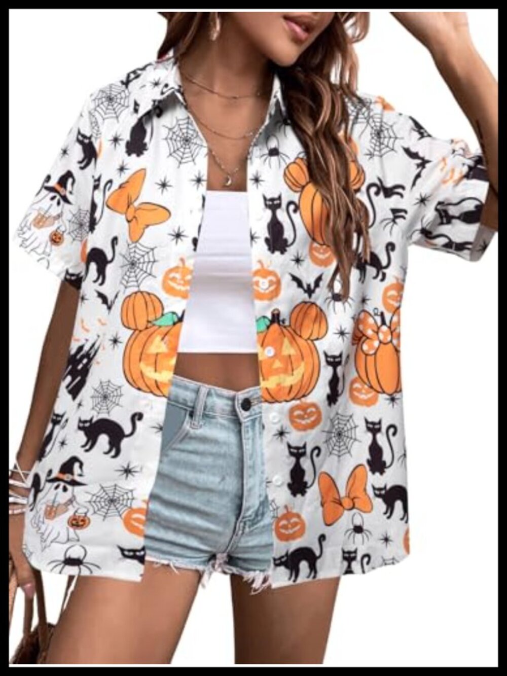 Women's Halloween Hawaiian Button Down Shirt Short Sleeve Blouse